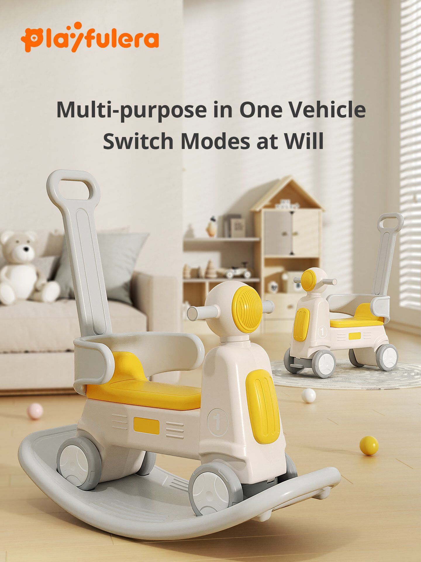 1-3 Years Kids Indoor Rocking Horse - Motorcycle Shape, 2-in-1/4-in-1 (Rocker/Scooter/Push Cart/Balance Board), Wheel Design - Image 2